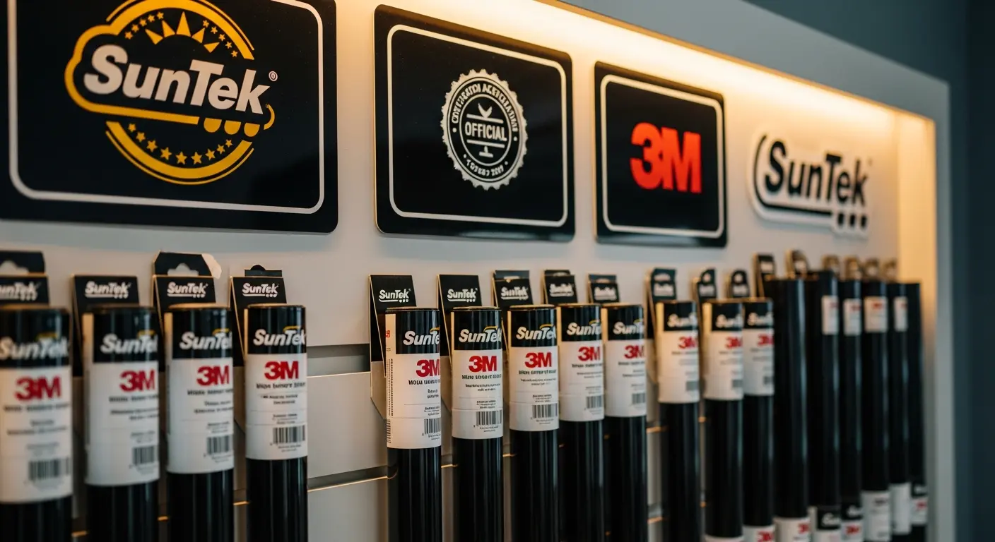 Avery Dennison and SunTek certification badges and premium film inventory at Sacramento tint shop