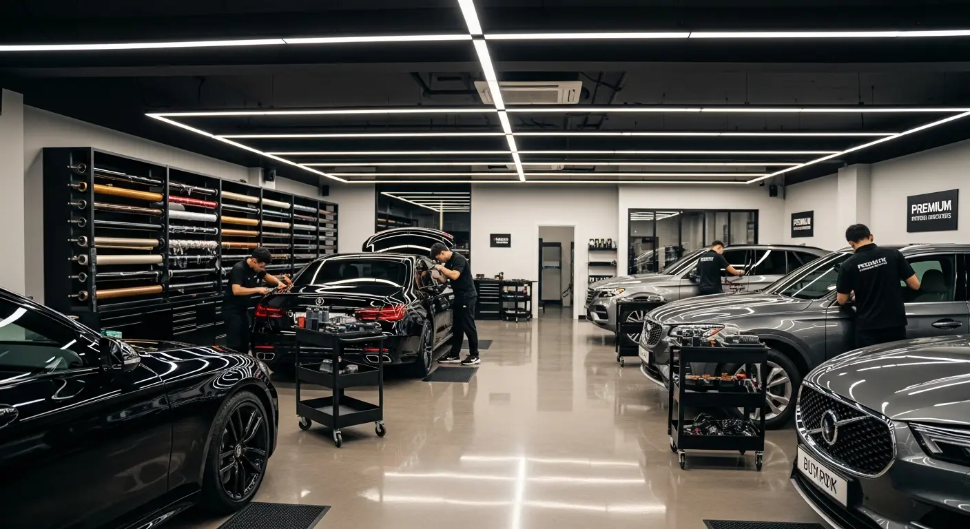 Inside a premium Sacramento window tinting shop with a professional installer