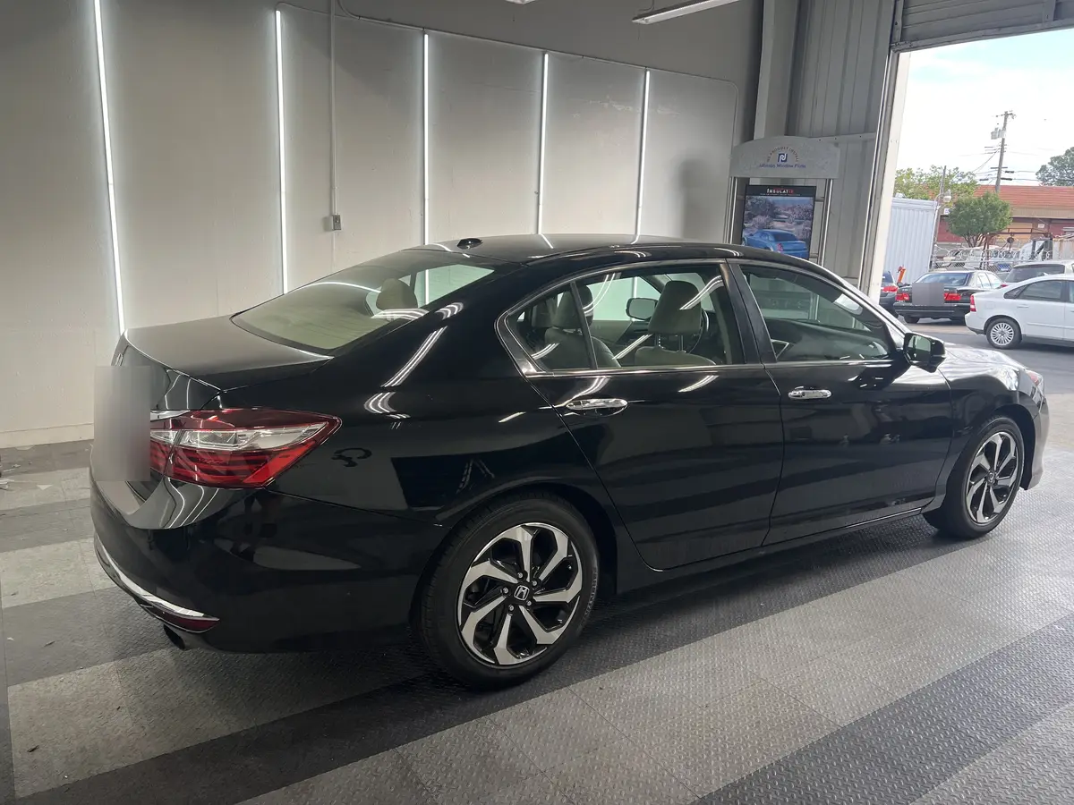 Black Honda Accord before window tinting, factory glass (view 3)