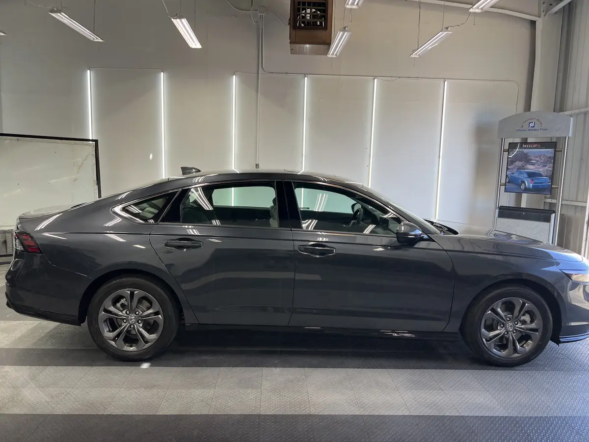 Gray Honda Accord before window tinting, factory glass (view 2)