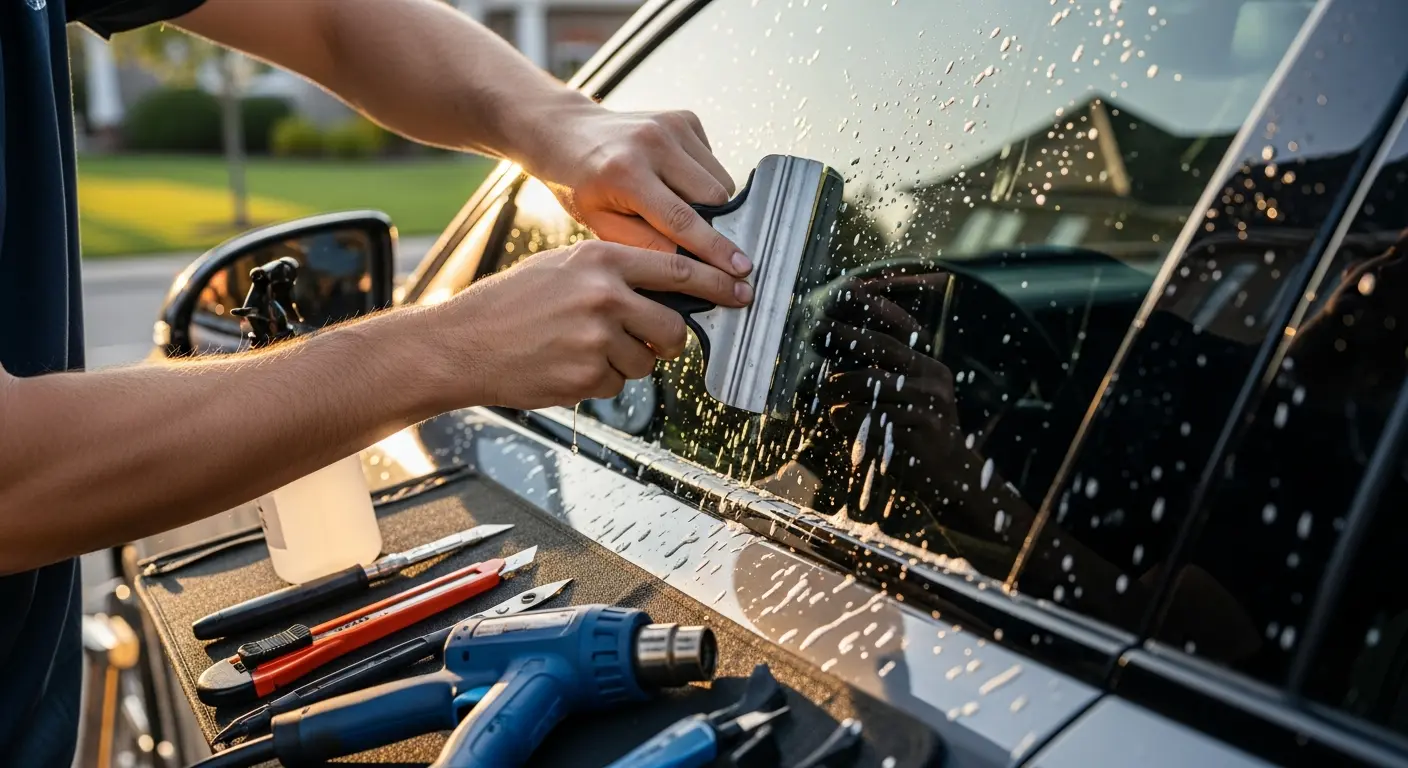 Close-up of professional window tint installation with precision tools