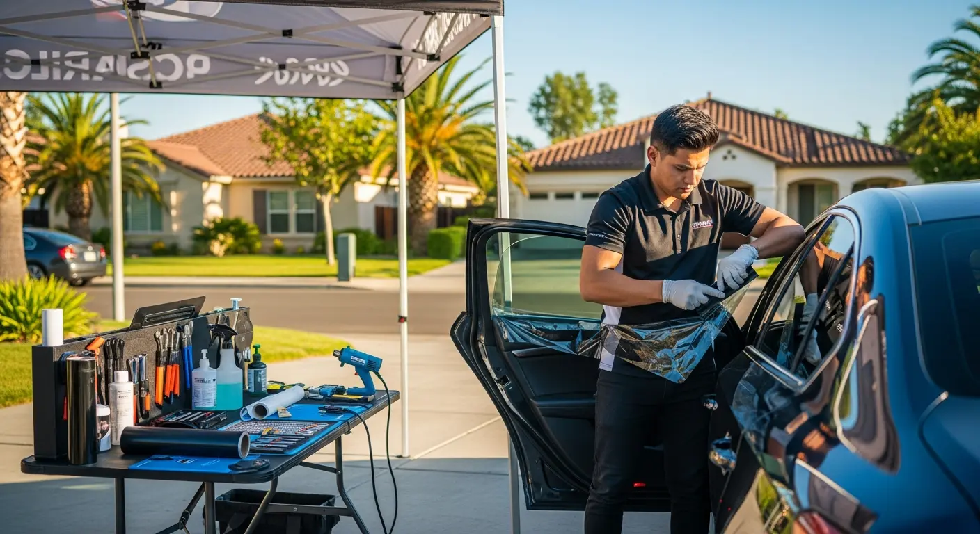 Mobile window tinting service setup at a Sacramento residence