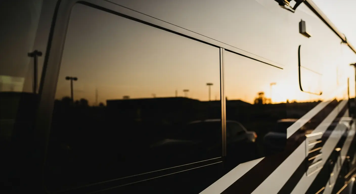 Close-up of professionally tinted RV motorhome windows
