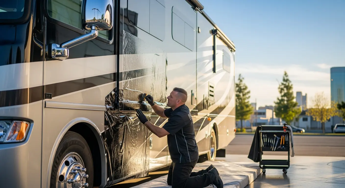 Professional window tint installation on RV motorhome in Sacramento