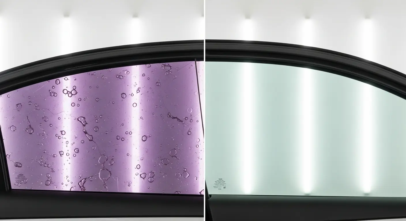 Before and after window tint removal showing clean glass result