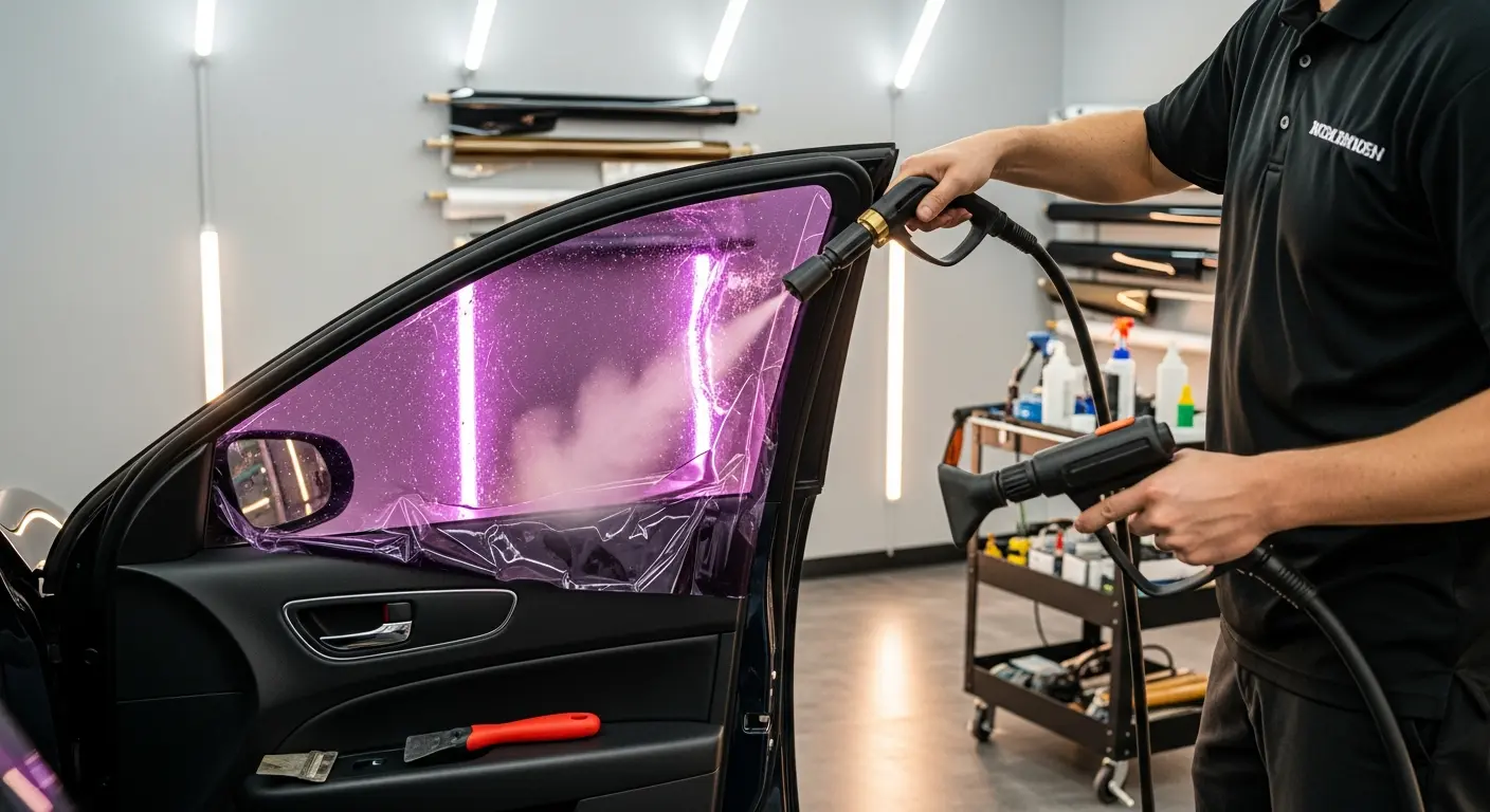 Professional tint removal using steamer on car window in Sacramento shop