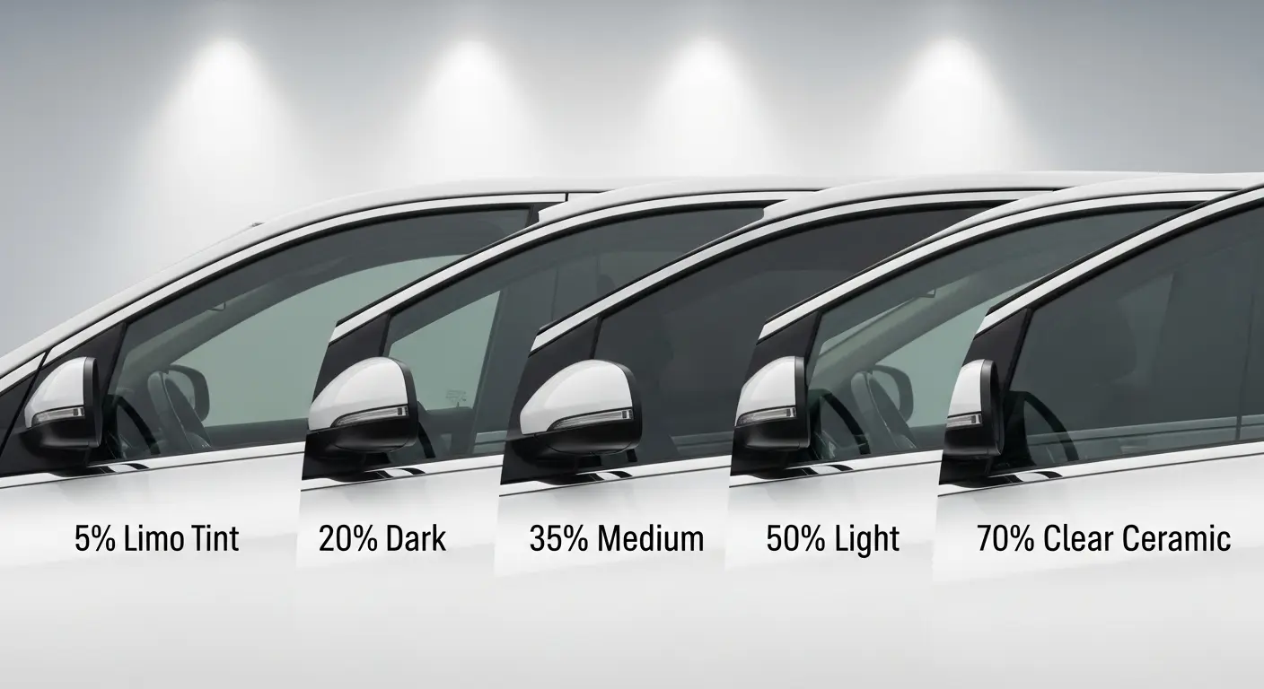 Window tint shade comparison from 5% to 70% VLT