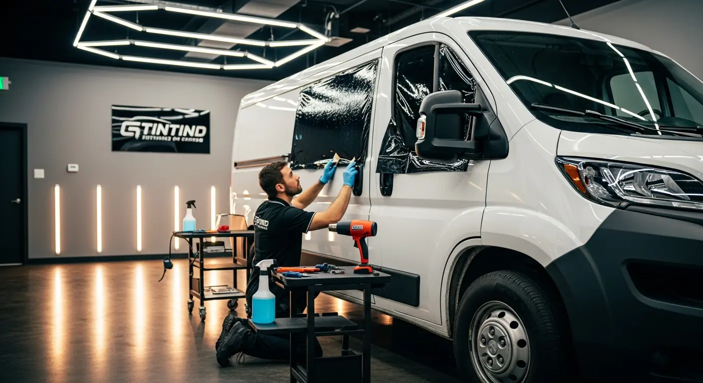Professional window tint installation on commercial fleet van in Sacramento